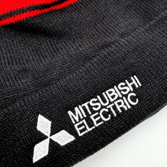 Mitsubishi Electric Black/Red Stripe Ski Beanie Hat Knit Pom Pom One Size OOAK - Picture 2 of 10